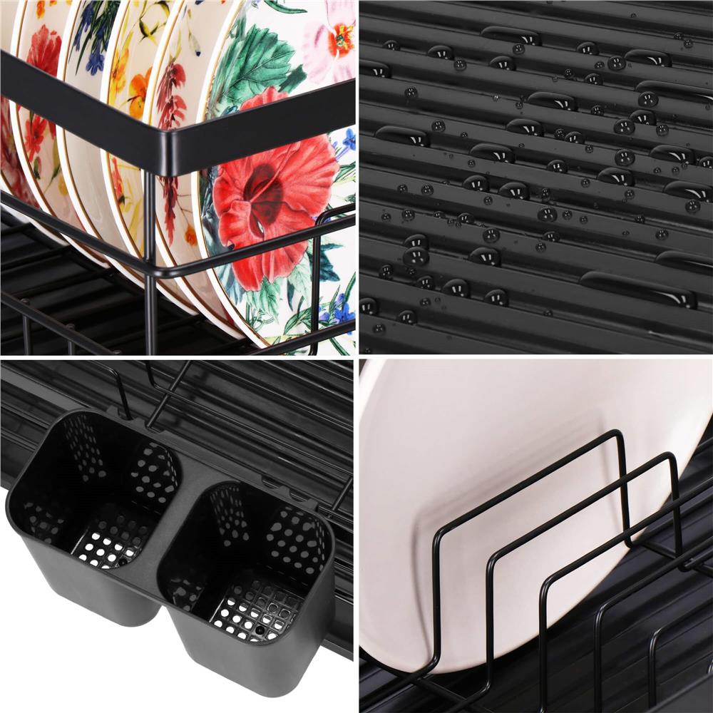 Uscator de vase cu suport tacamuri, din otel, cu tava de scurgere, 42x32x15cm, negru