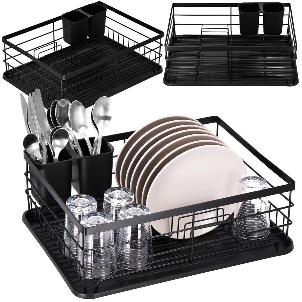 Uscator de vase cu suport tacamuri, din otel, cu tava de scurgere, 42x32x15cm, negru