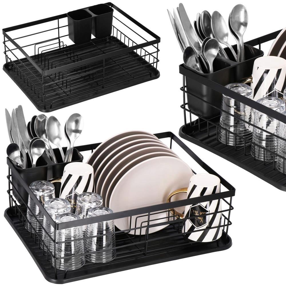 Uscator de vase cu suport tacamuri, din otel, cu tava de scurgere, 42x32x15cm, negru