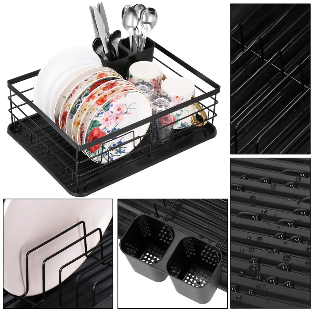 Uscator de vase cu suport tacamuri, din otel, cu tava de scurgere, 42x32x15cm, negru