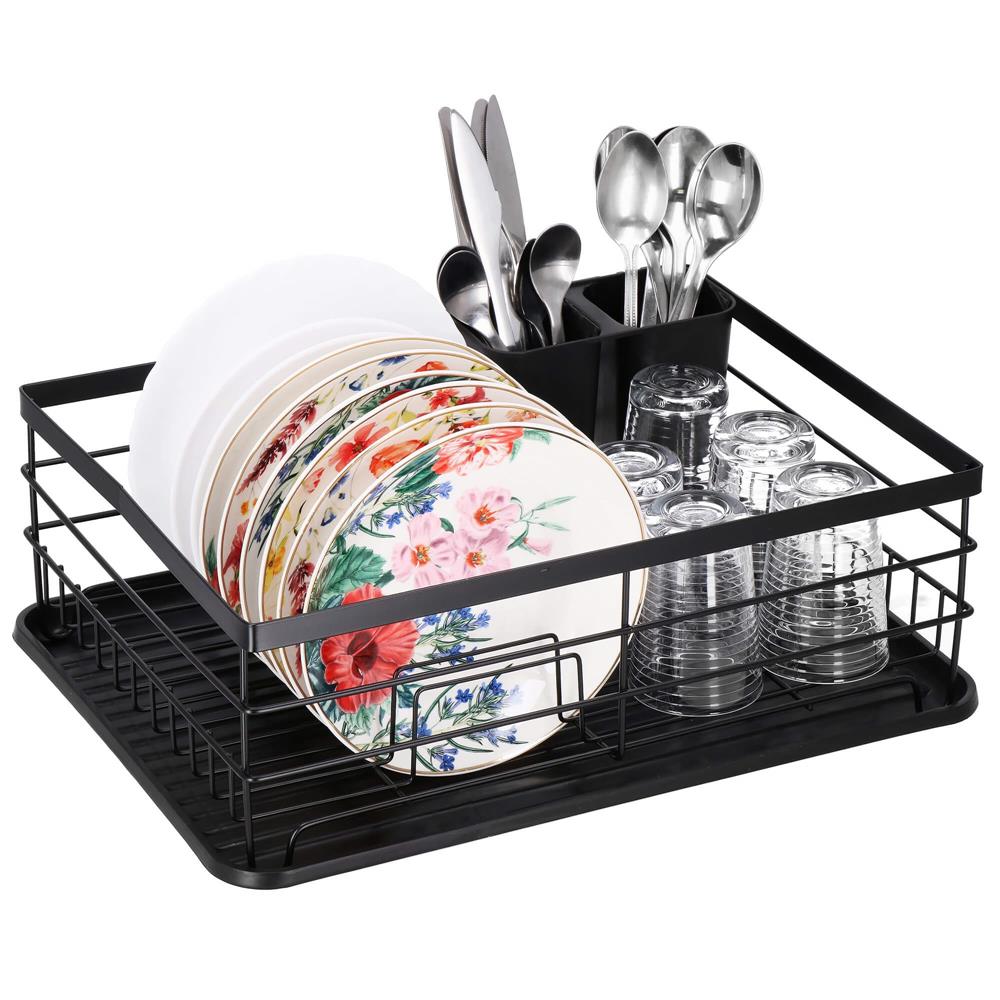 Uscator de vase cu suport tacamuri, din otel, cu tava de scurgere, 42x32x15cm, negru