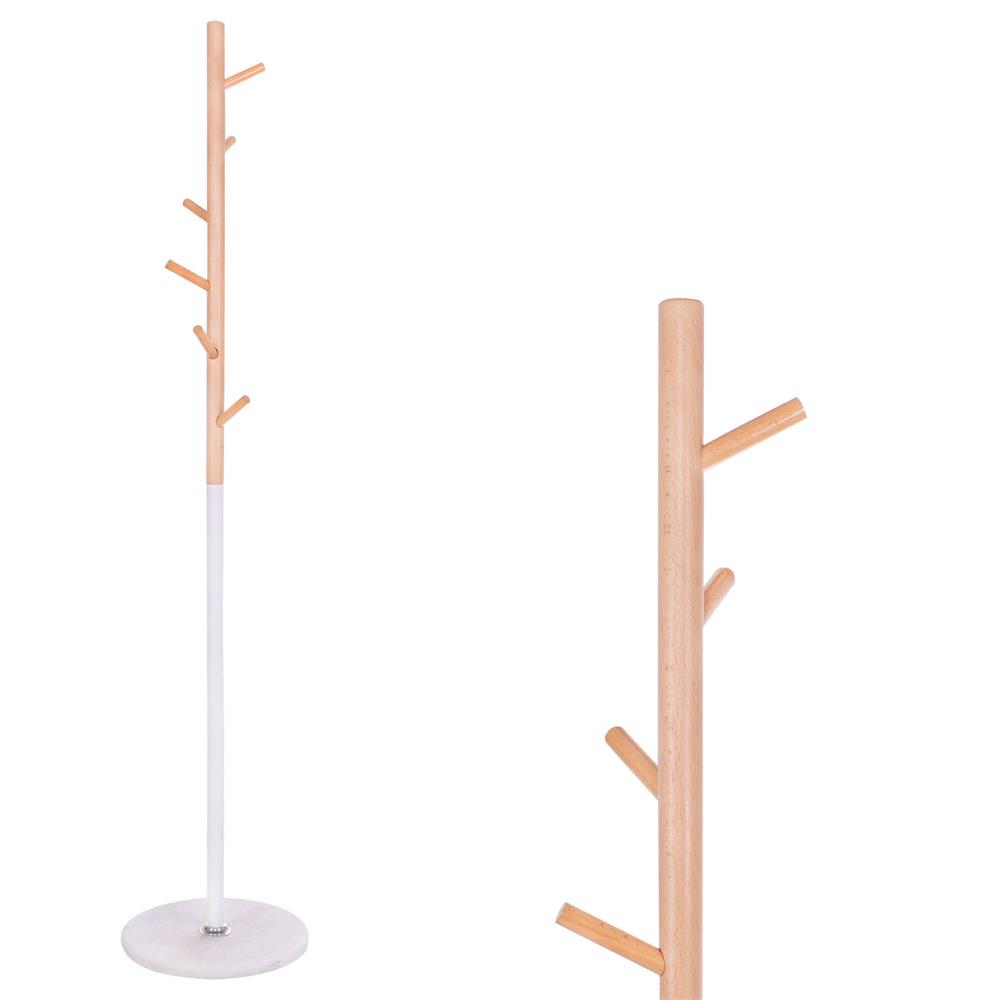 Cuier tip pom din metal cu baza din marmura, 6 agatatori, 172 cm, alb cu maro