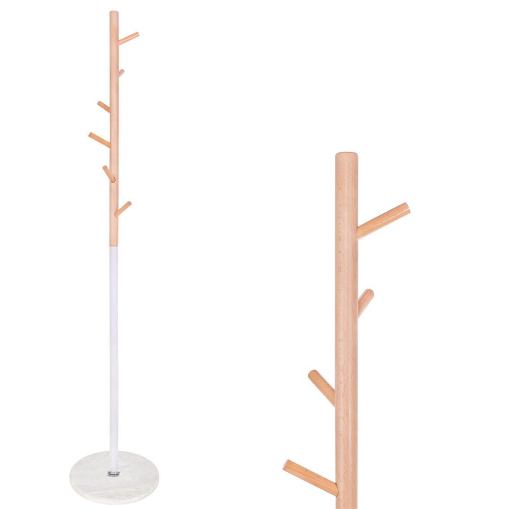 Cuier tip pom din metal cu baza din marmura, 6 agatatori, 172 cm, alb cu maro