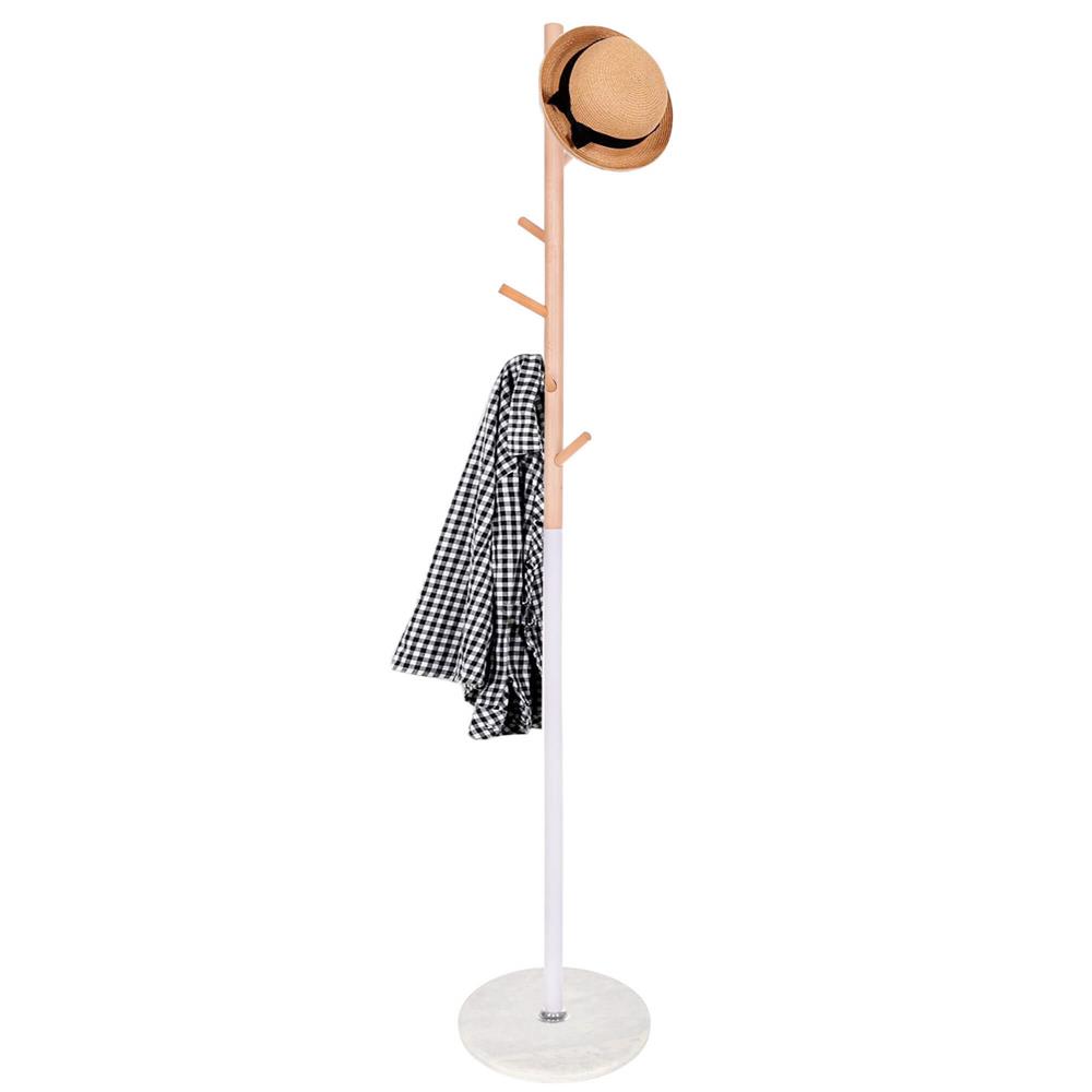 Cuier tip pom din metal cu baza din marmura, 6 agatatori, 172 cm, alb cu maro