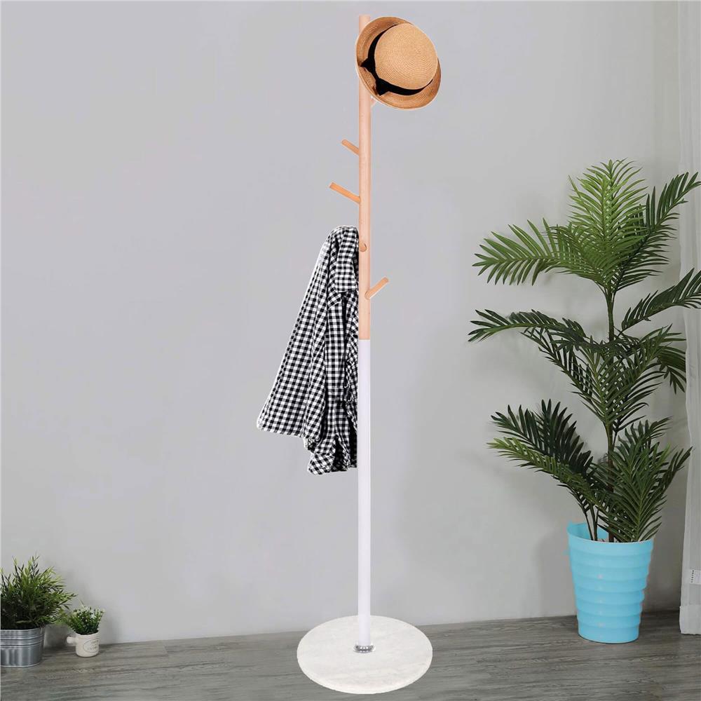 Cuier tip pom din metal cu baza din marmura, 6 agatatori, 172 cm, alb cu maro