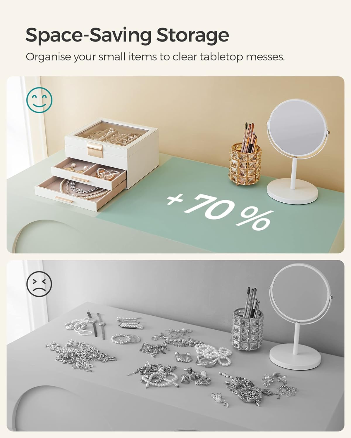 Cutie de bijuterii Songmics cu 3 nivele, capac din sticla, alb si auriu