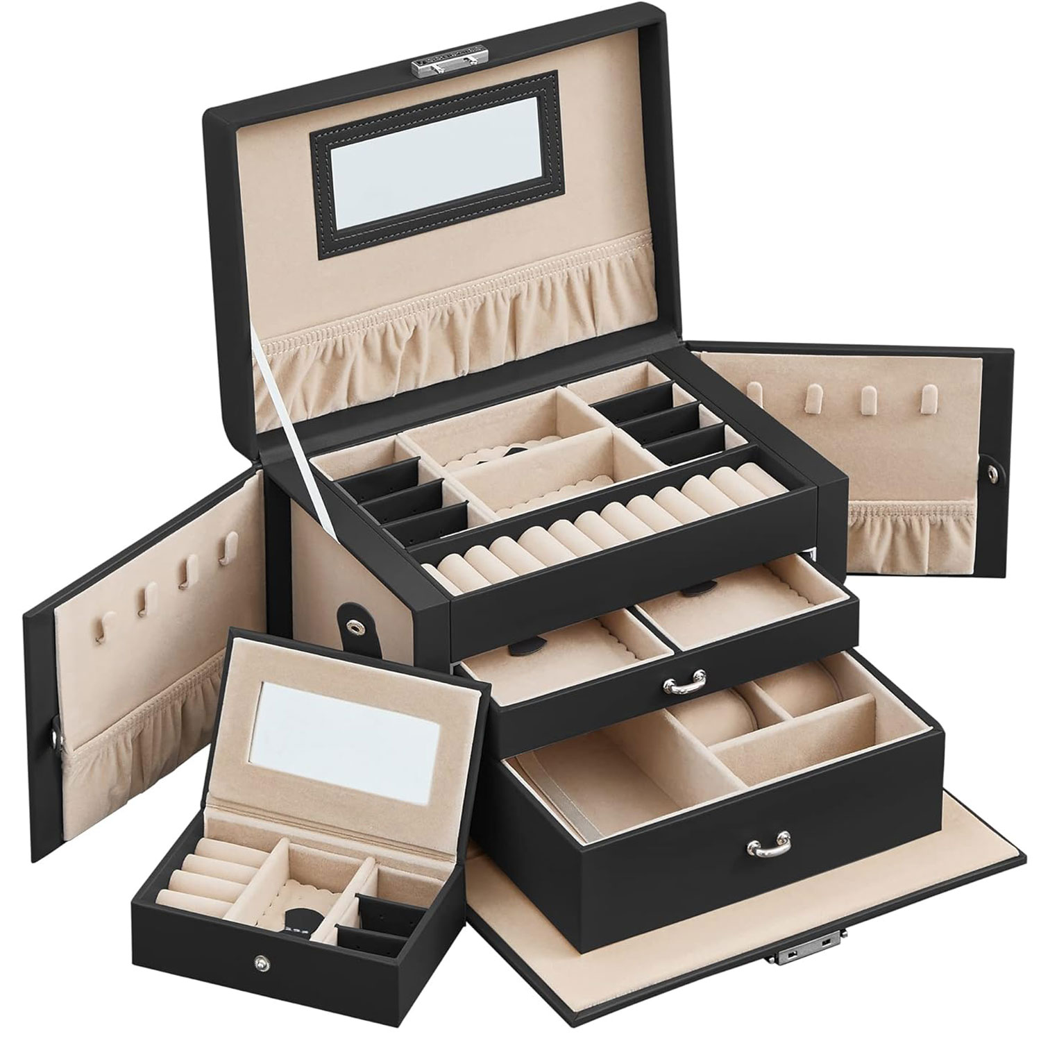 Cutie de bijuterii Songmics cu 3 nivele, oglinda, cheie si maner, neagra