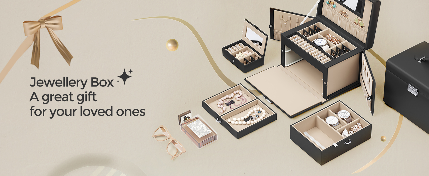 Cutie de bijuterii Songmics cu 3 nivele, oglinda, cheie si maner, neagra