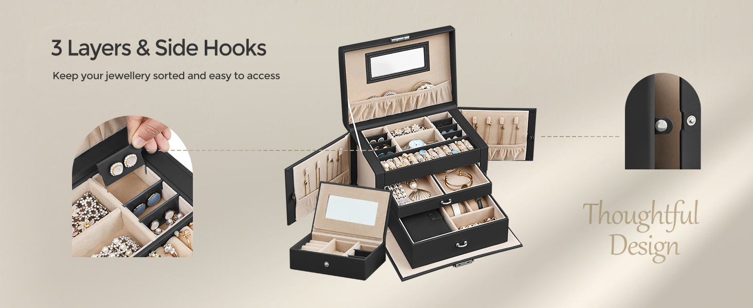 Cutie de bijuterii Songmics cu 3 nivele, oglinda, cheie si maner, neagra