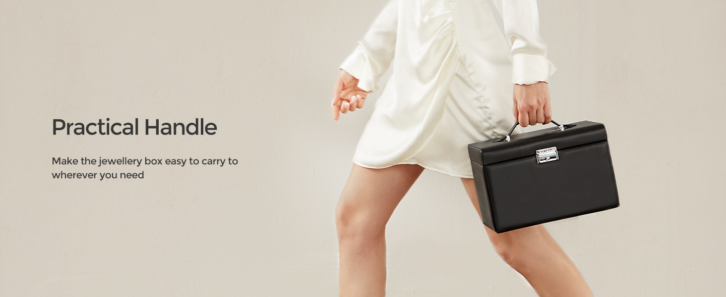 Cutie de bijuterii Songmics cu 3 nivele, oglinda, cheie si maner, neagra