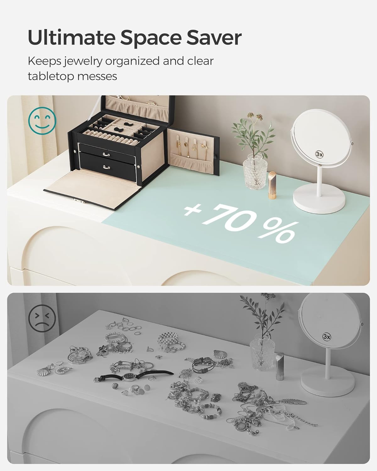 Cutie de bijuterii Songmics cu 3 nivele, oglinda, cheie si maner, neagra