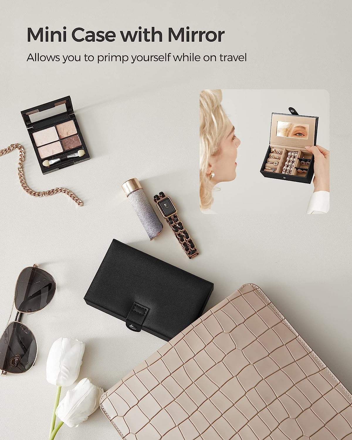 Cutie de bijuterii Songmics cu 3 nivele, oglinda, cheie si maner, neagra