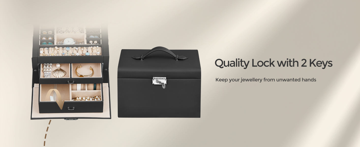 Cutie de bijuterii Songmics cu 3 nivele, oglinda, cheie si maner, neagra