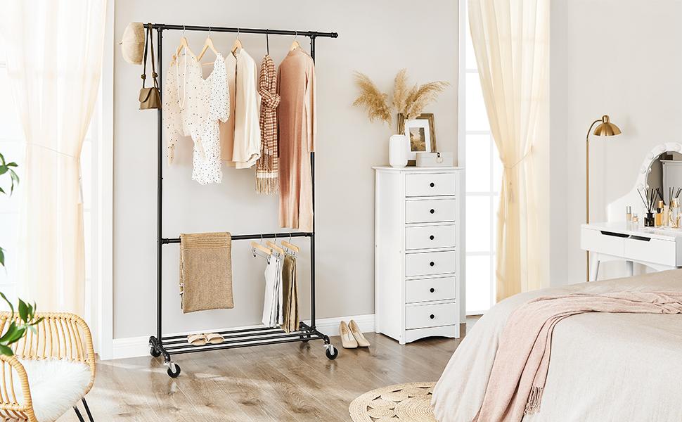 Suport pentru haine SONGMICS cu 2 bare, raft si roti, metalic, negru