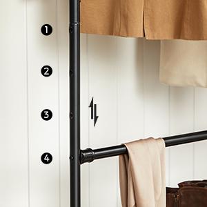 Suport pentru haine SONGMICS cu 2 bare, raft si roti, metalic, negru