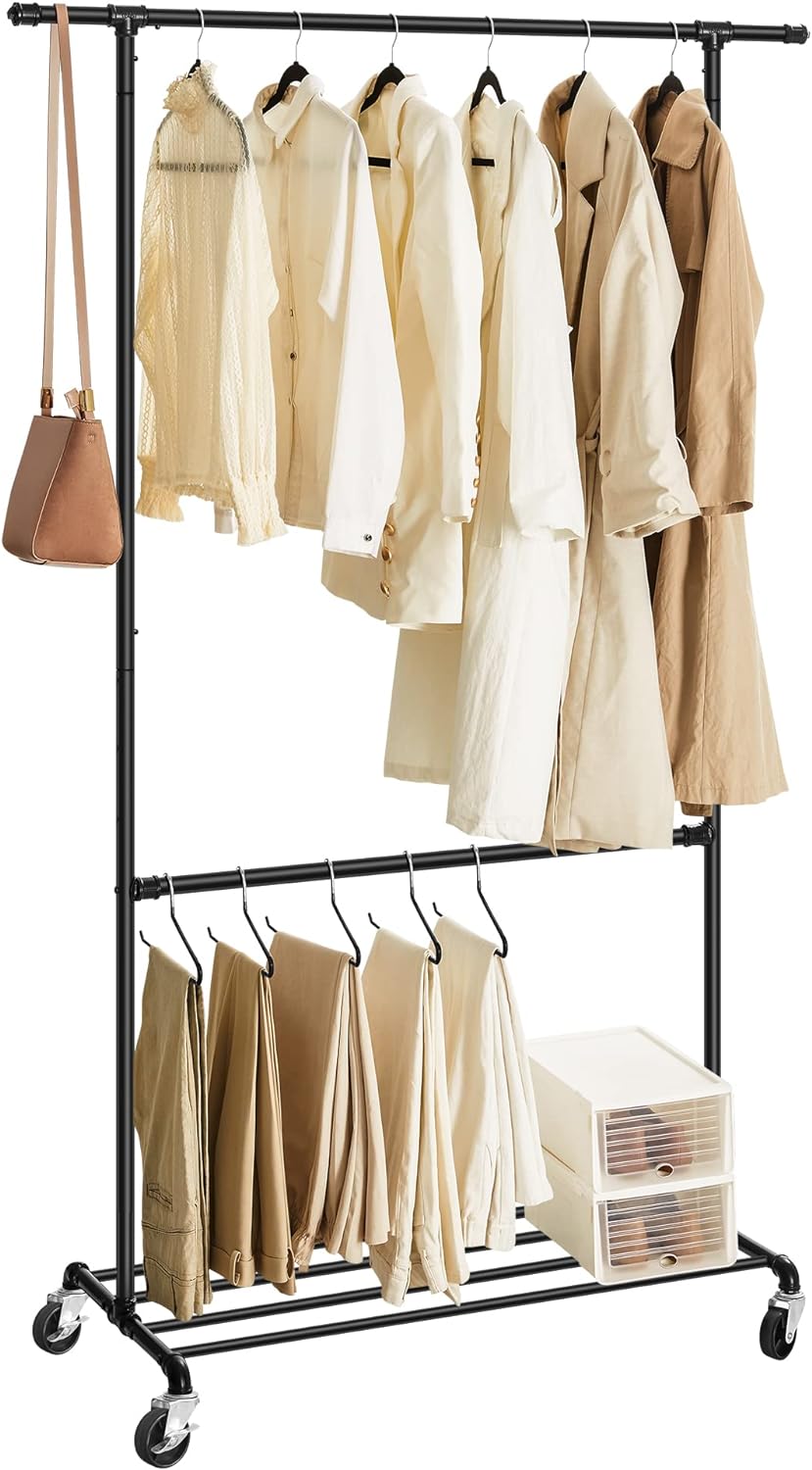 Suport pentru haine SONGMICS cu 2 bare, raft si roti, metalic, negru