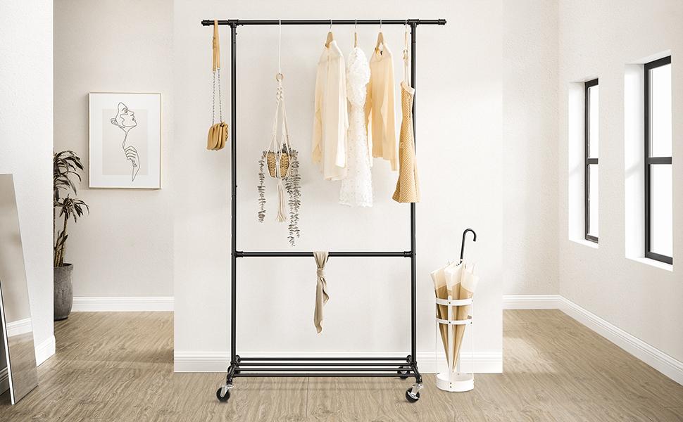 Suport pentru haine SONGMICS cu 2 bare, raft si roti, metalic, negru