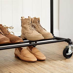 Suport pentru haine SONGMICS cu 2 bare, raft si roti, metalic, negru