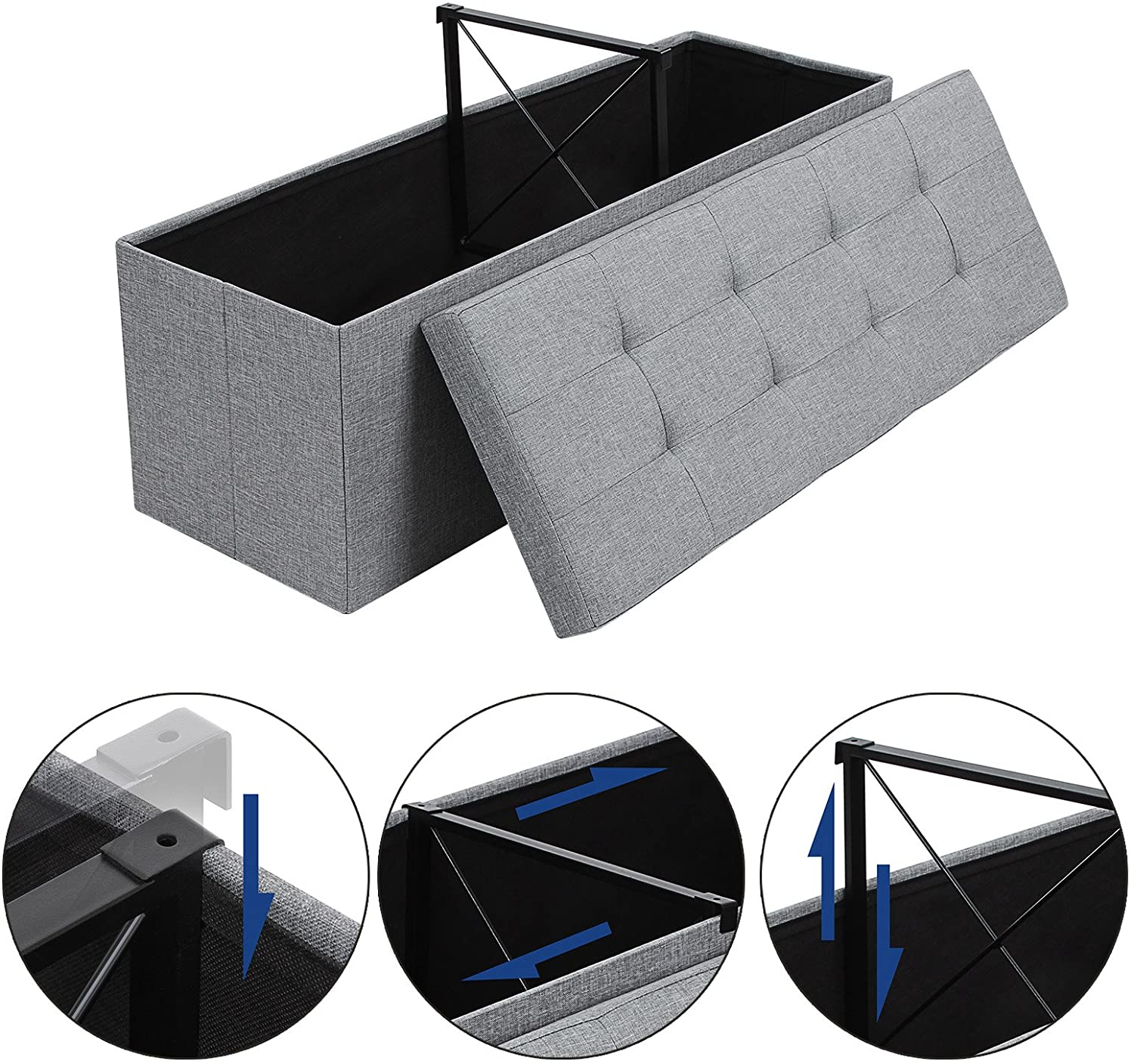 Taburet pliabil Songmics cu depozitare 131L, șezut moale, gri