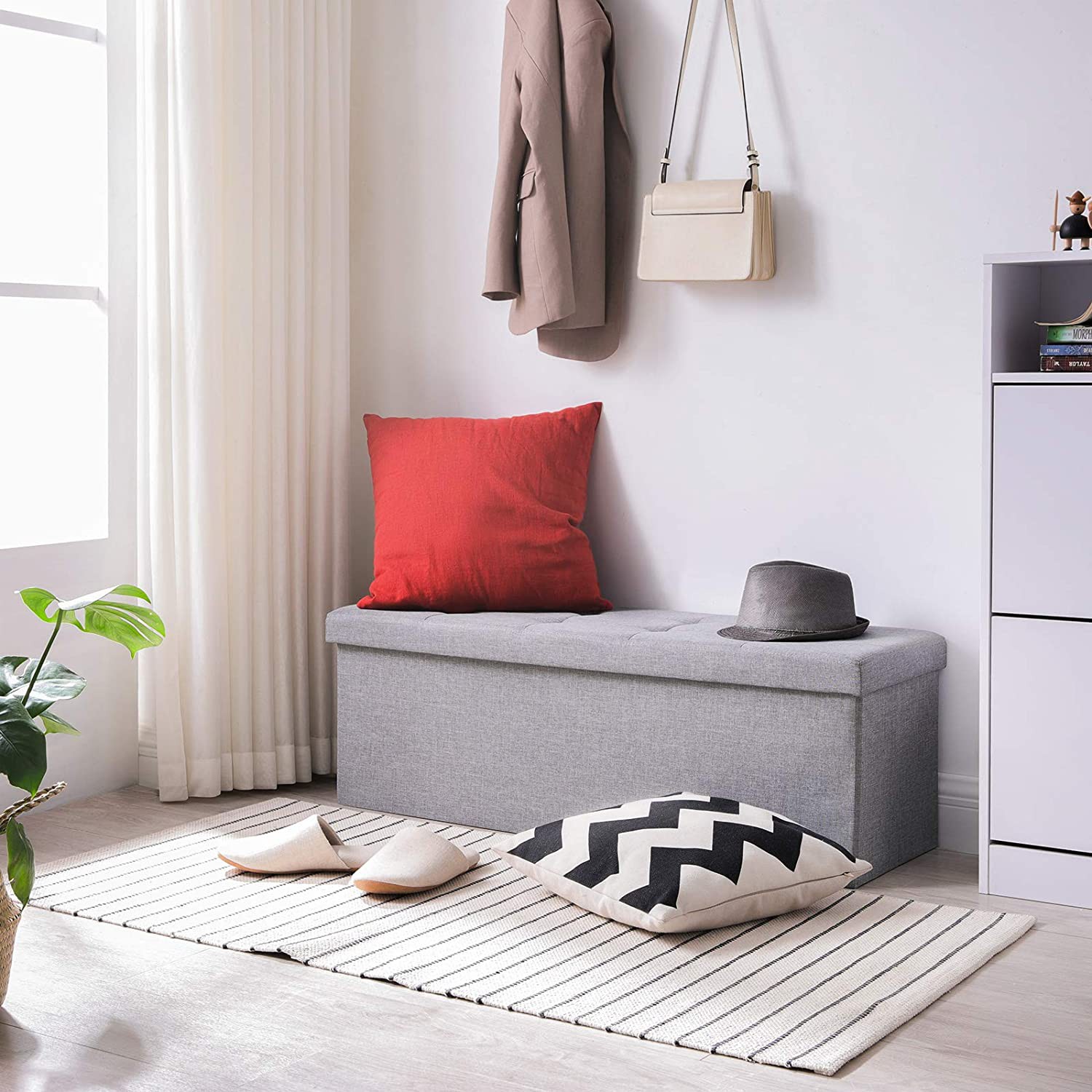 Taburet pliabil Songmics cu depozitare 131L, șezut moale, gri