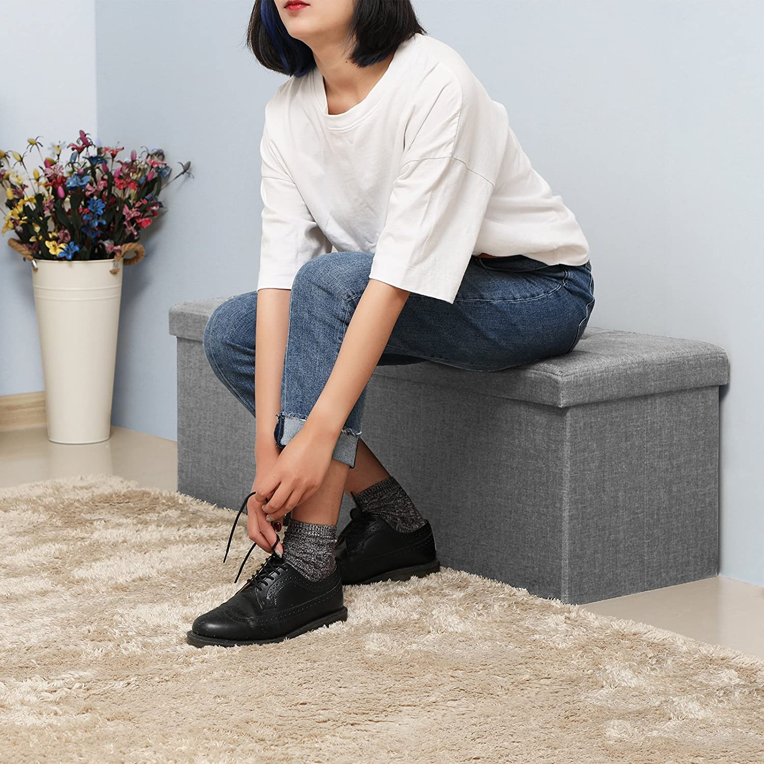 Taburet pliabil Songmics cu depozitare 131L, șezut moale, gri