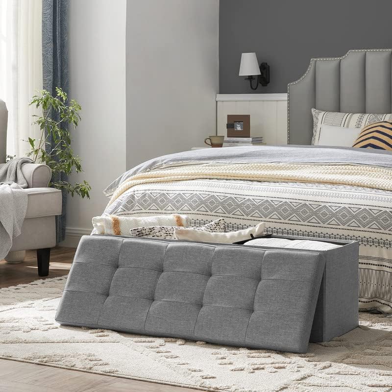 Taburet pliabil Songmics cu depozitare 131L, șezut moale, gri