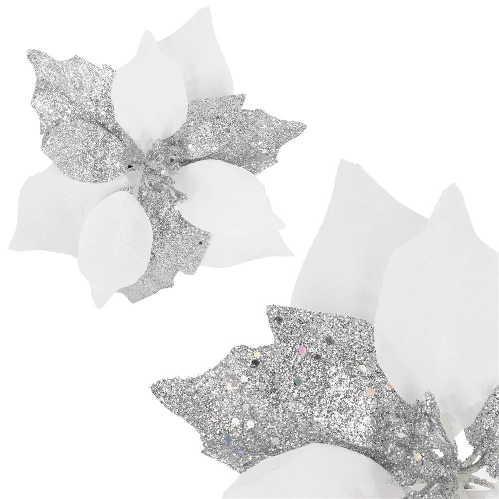 Set 5 ornamente pentru brad Poinsettia 23 cm, alb argintiu