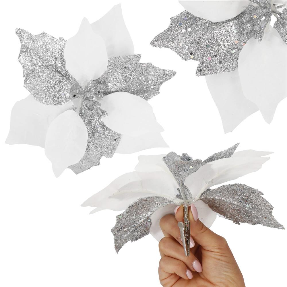 Set 5 ornamente pentru brad Poinsettia 23 cm, alb argintiu