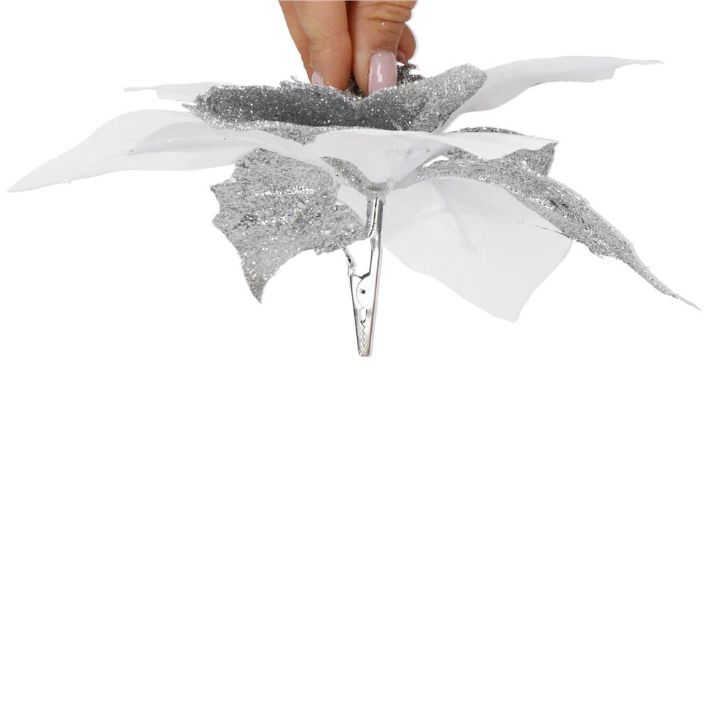 Set 5 ornamente pentru brad Poinsettia 23 cm, alb argintiu