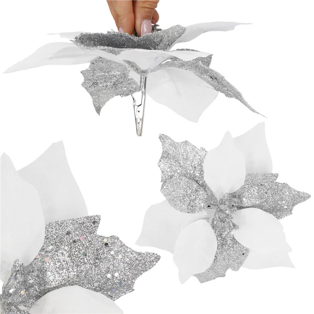 Set 5 ornamente pentru brad Poinsettia 23 cm, alb argintiu