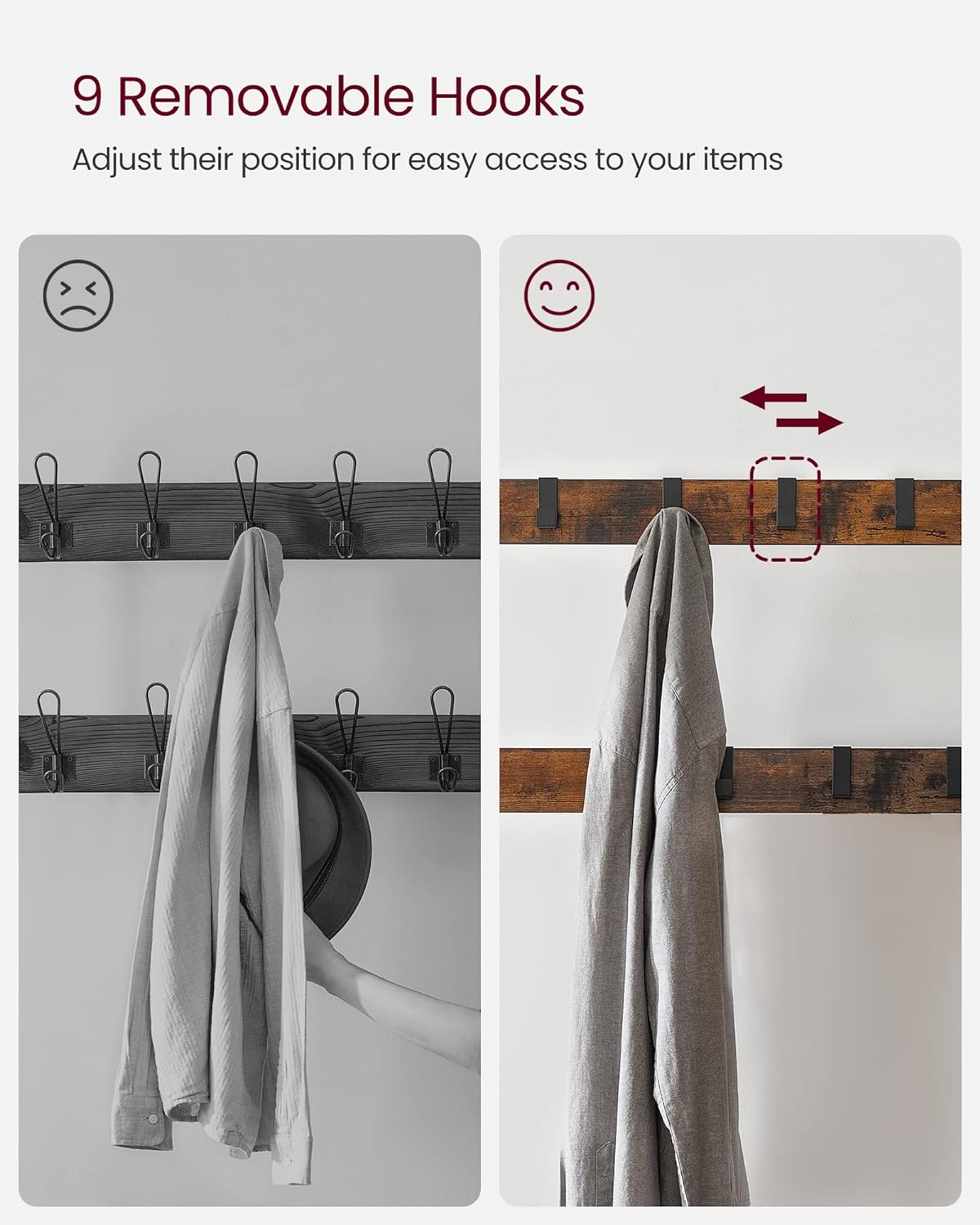 Cuier pentru hol VASAGLE cu bancă, suport pantofi și 9 cârlige