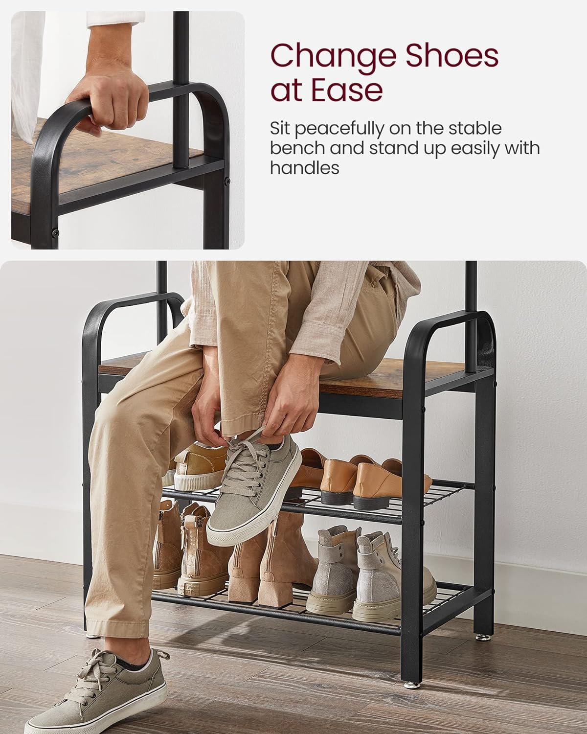 Cuier pentru hol VASAGLE cu bancă, suport pantofi și 9 cârlige