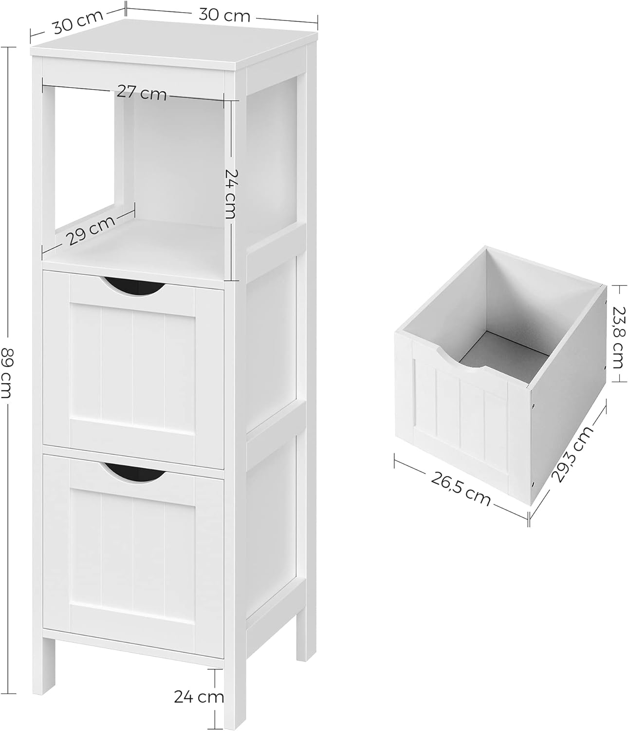 Dulap de baie îngust VASAGLE cu 2 sertare și raft, 30x30x89 cm, alb