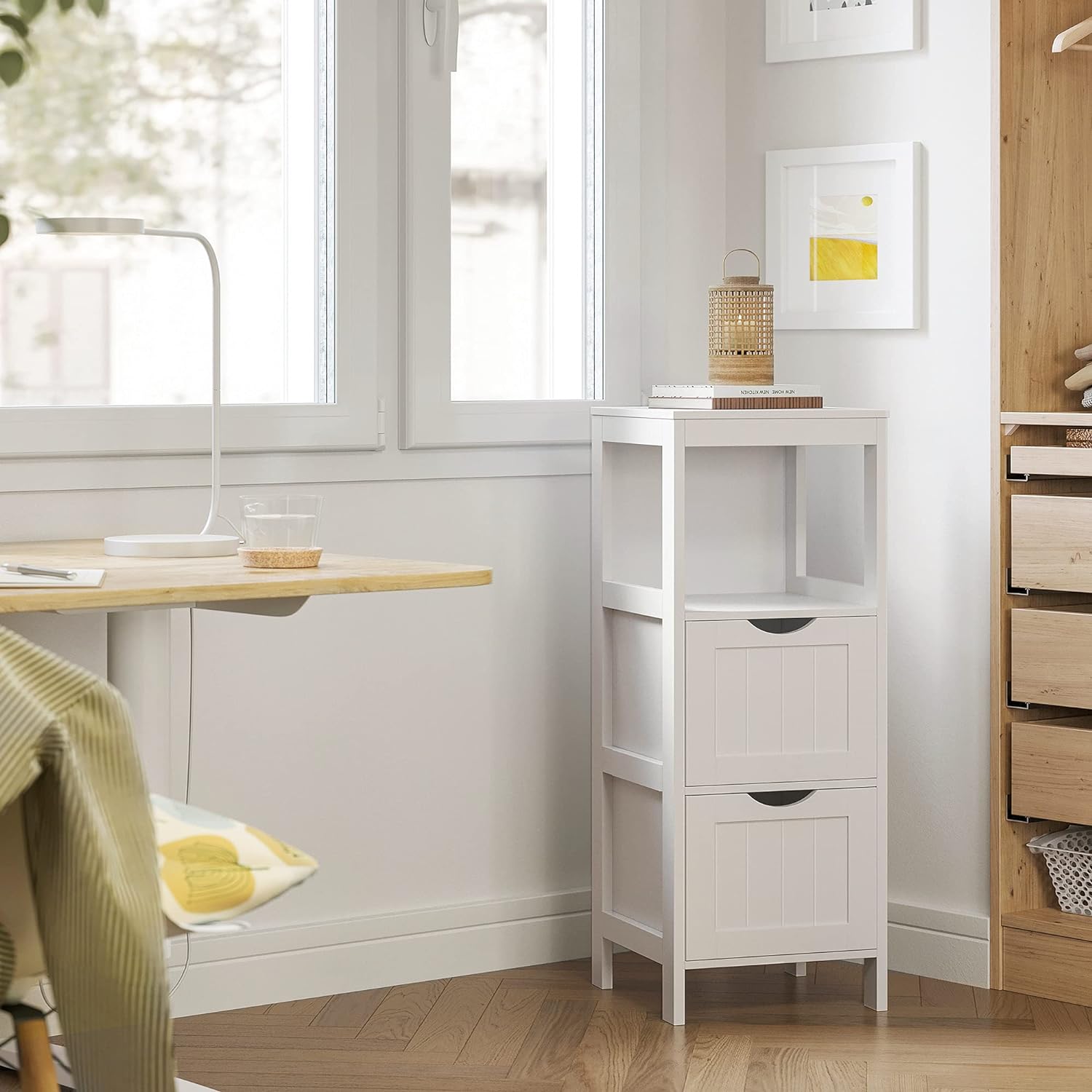 Dulap de baie îngust VASAGLE cu 2 sertare și raft, 30x30x89 cm, alb