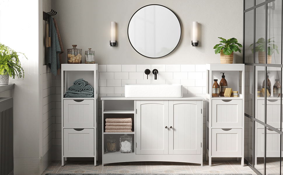 Dulap de baie îngust VASAGLE cu 2 sertare și raft, 30x30x89 cm, alb