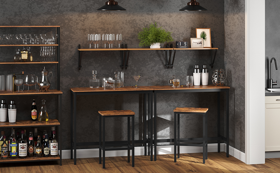 Set masă de bar VASAGLE cu 2 scaune, design industrial, 100x40x90 cm