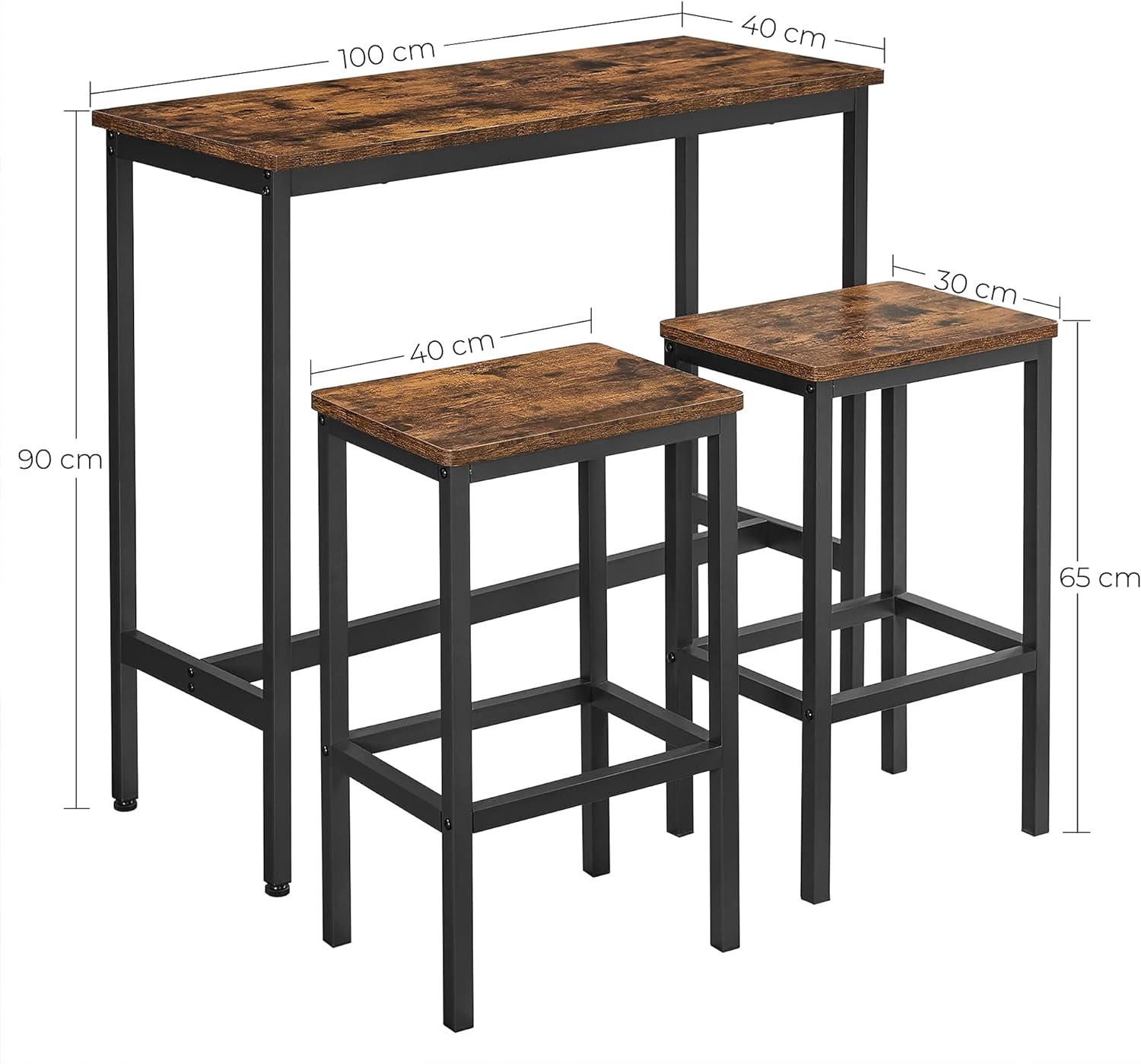 Set masă de bar VASAGLE cu 2 scaune, design industrial, 100x40x90 cm