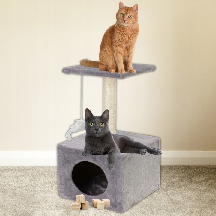 Ansamblu de joaca pentru pisici cu stalp de zgariat, casuta si platforma, 62 cm, gri
