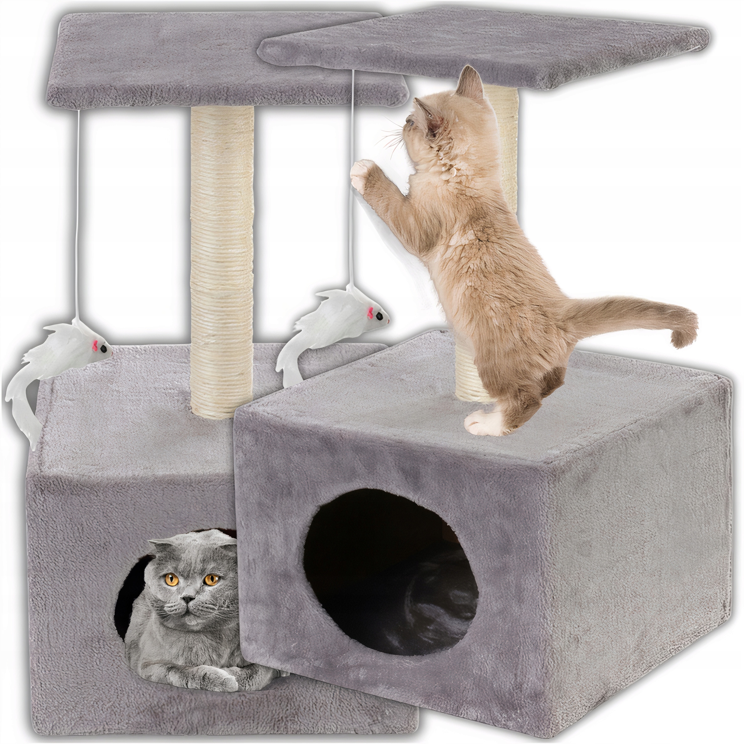Ansamblu de joaca pentru pisici cu stalp de zgariat, casuta si platforma, 62 cm, gri