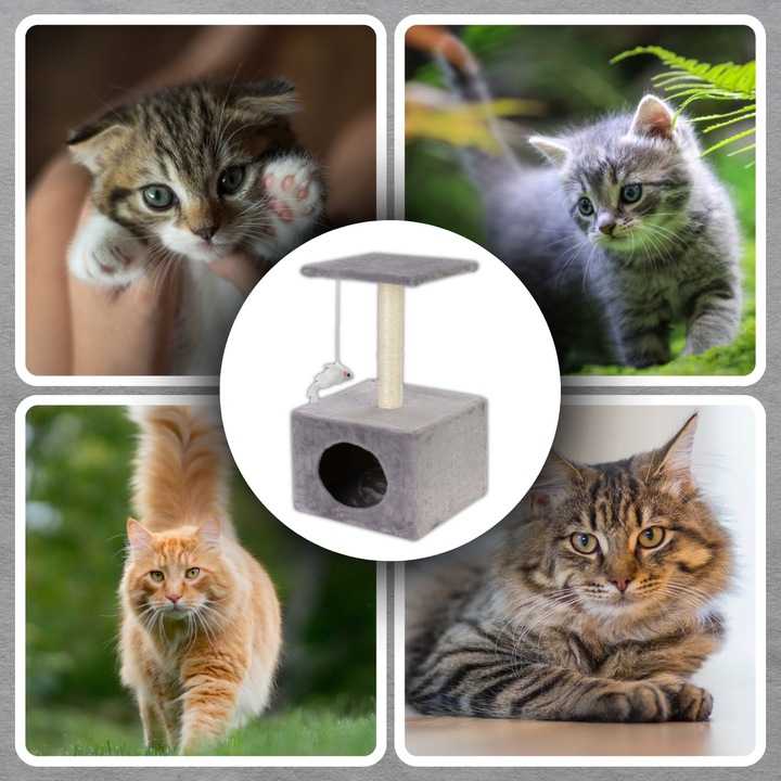 Ansamblu de joaca pentru pisici cu stalp de zgariat, casuta si platforma, 62 cm, gri