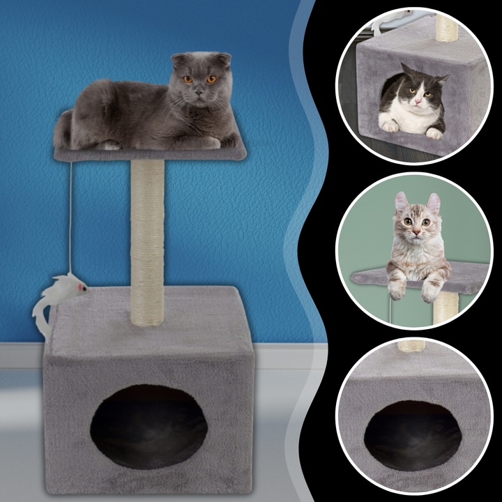 Ansamblu de joaca pentru pisici cu stalp de zgariat, casuta si platforma, 62 cm, gri