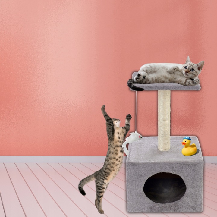Ansamblu de joaca pentru pisici cu stalp de zgariat, casuta si platforma, 62 cm, gri