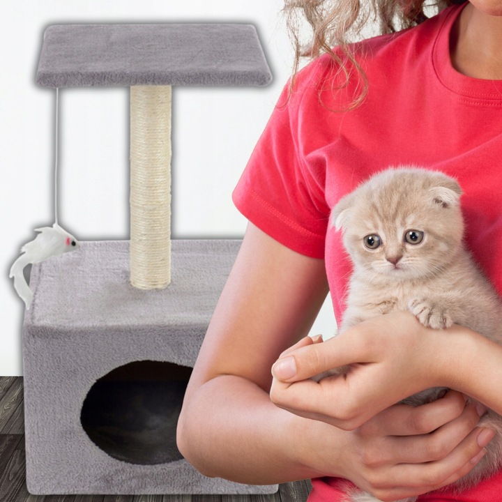 Ansamblu de joaca pentru pisici cu stalp de zgariat, casuta si platforma, 62 cm, gri
