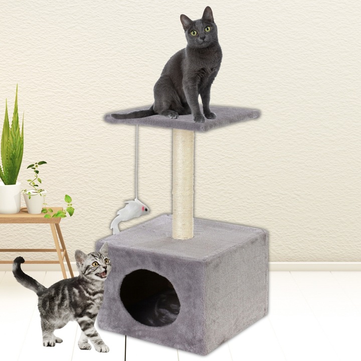 Ansamblu de joaca pentru pisici cu stalp de zgariat, casuta si platforma, 62 cm, gri