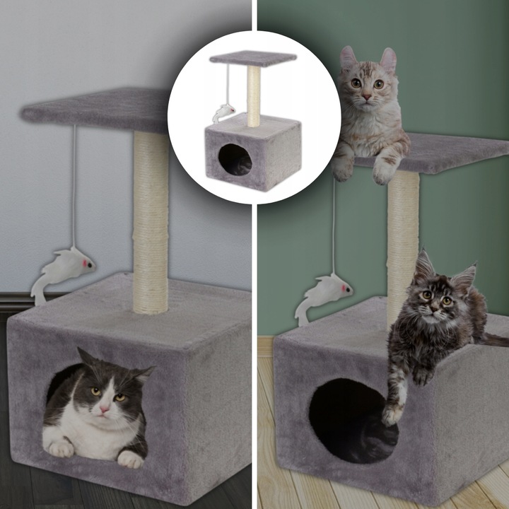 Ansamblu de joaca pentru pisici cu stalp de zgariat, casuta si platforma, 62 cm, gri