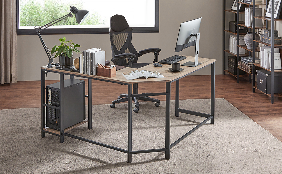 Birou de colț VASAGLE în formă de L, 138x138 cm, cu 2 rafturi, gri-negru