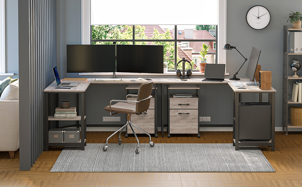 Birou de colț VASAGLE în formă de L, 138x138 cm, cu 2 rafturi, gri-negru