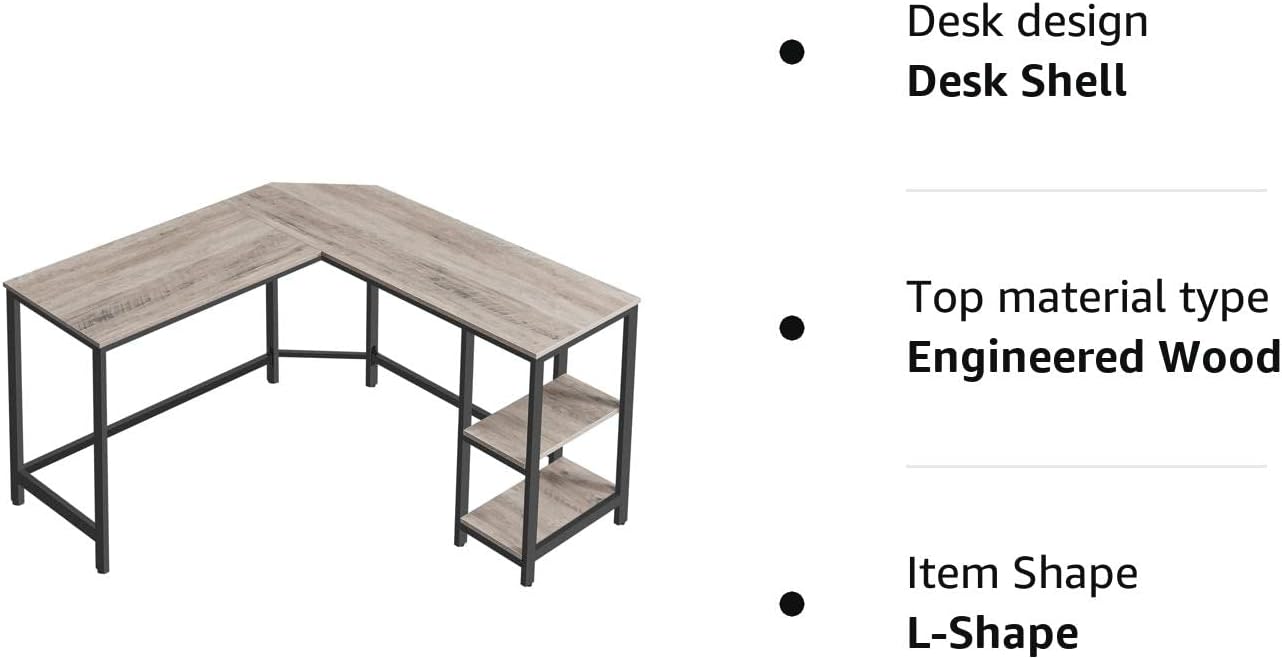 Birou de colț VASAGLE în formă de L, 138x138 cm, cu 2 rafturi, gri-negru