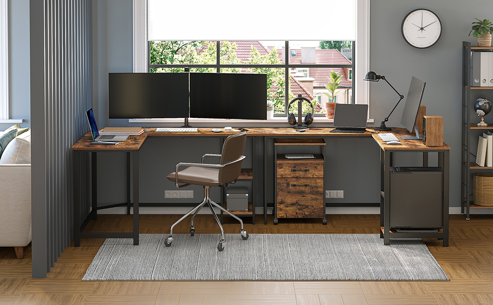 Birou de colț VASAGLE în formă de L, 138x138 cm, cu 2 rafturi