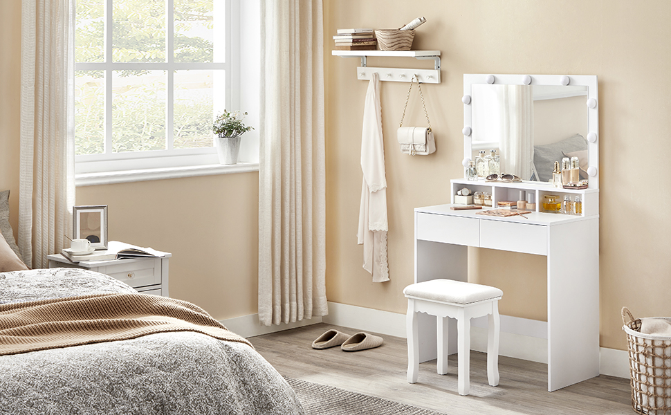 Masă de toaletă VASAGLE cu oglindă LED, 2 sertare și rafturi, alb